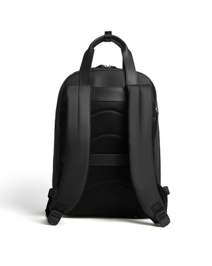Black backpack shown from the back on a white background