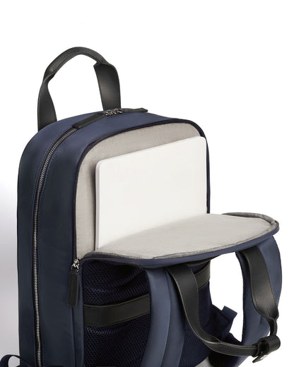 Navy blue backpack with a clear front pocket on a white background
