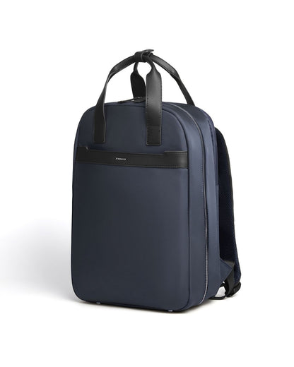 Navy blue backpack with black straps on a white background